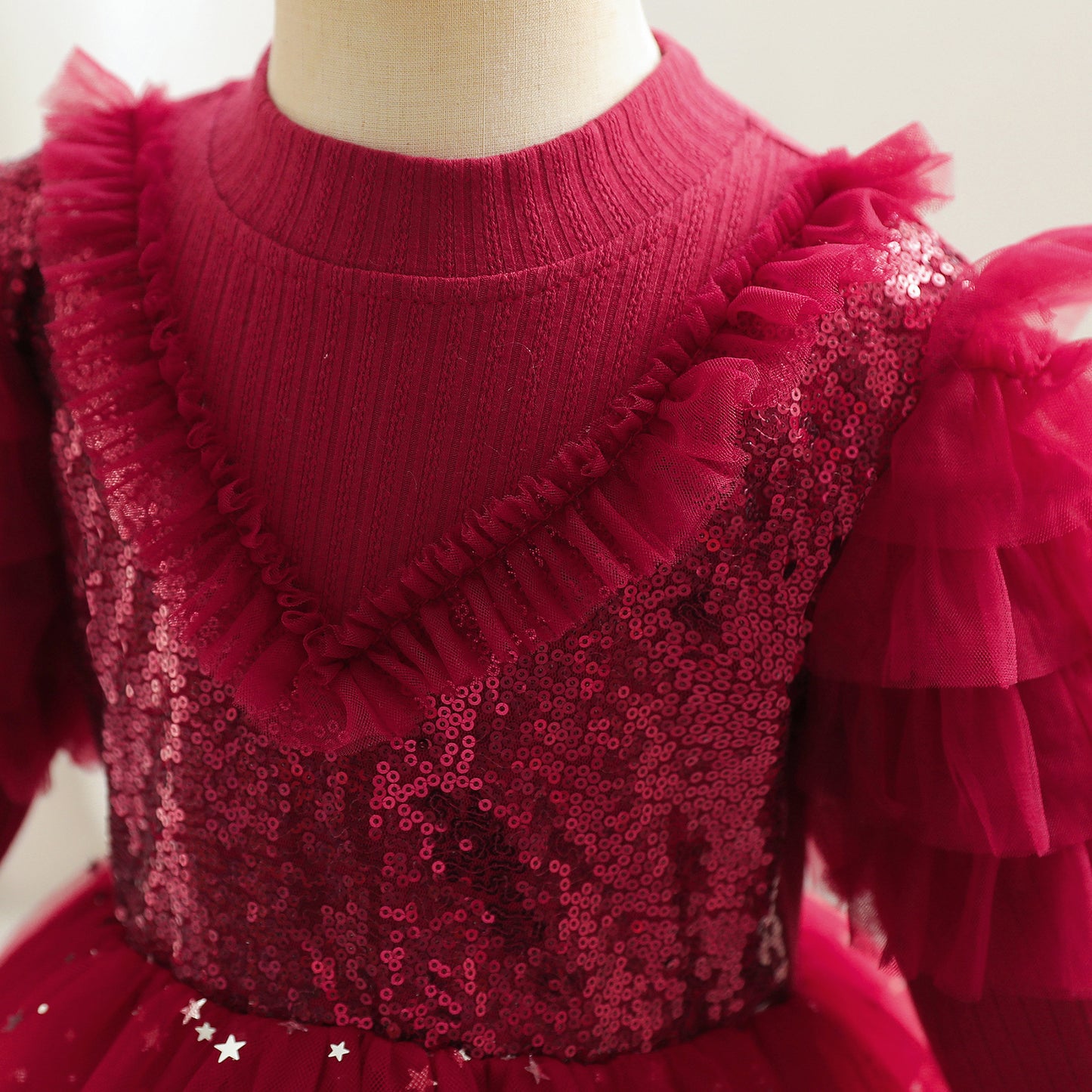 Toddler Baby Girls Princess Dress Star Print Sequins long Sleeve Round Neck Gauze Dress 1PCS Princess Dress Red C888