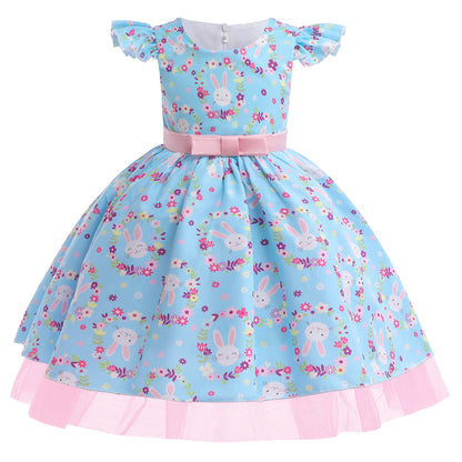 Girls Princess Dress Rabbit Print Floral Print Evening Ruffle Sleeve Dress One Piece Party Feast Dress Blue ZT-2922