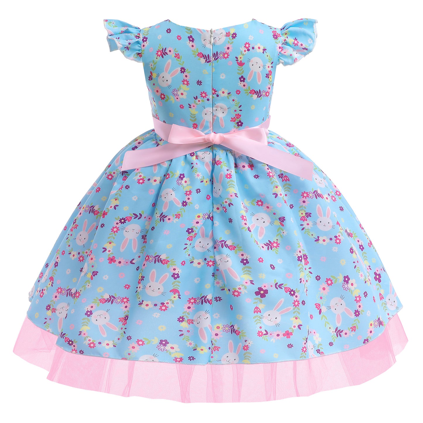 Girls Princess Dress Rabbit Print Floral Print Evening Ruffle Sleeve Dress One Piece Party Feast Dress Blue ZT-2922