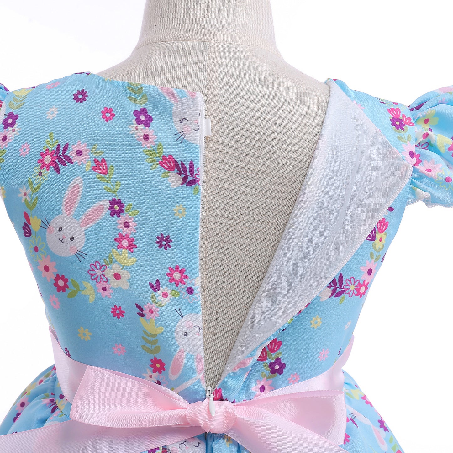 Girls Princess Dress Rabbit Print Floral Print Evening Ruffle Sleeve Dress One Piece Party Feast Dress Blue ZT-2922