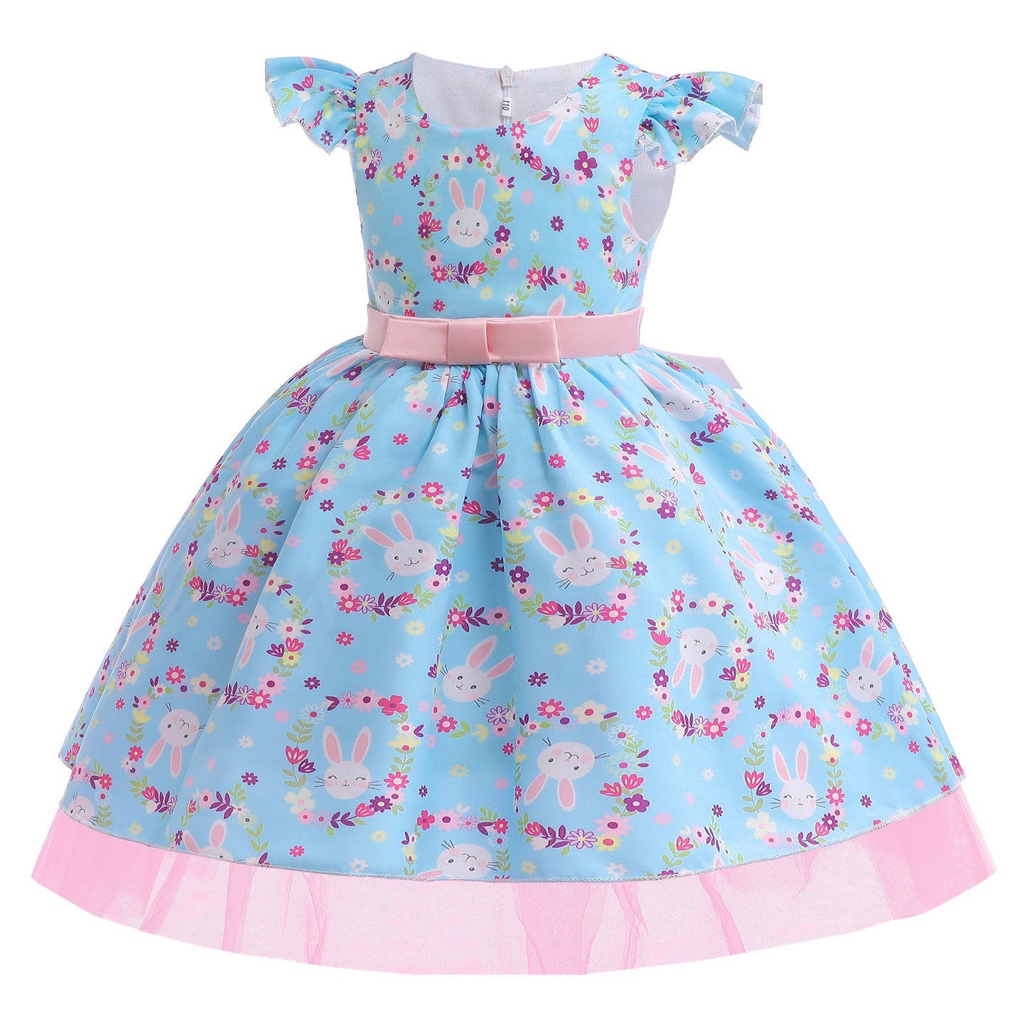 Girls Princess Dress Rabbit Print Floral Print Evening Ruffle Sleeve Dress One Piece Party Feast Dress Blue ZT-2922