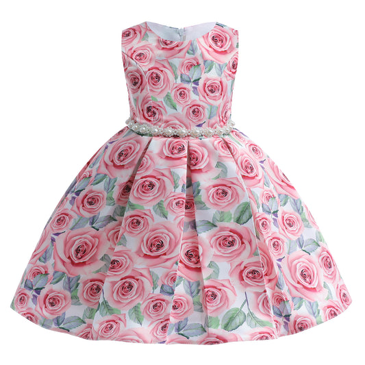 Princess Dress For Girls Rose Print Sleeveless Pearl Summer Performance Dress One Piece Party Dress Pink ZT-8566