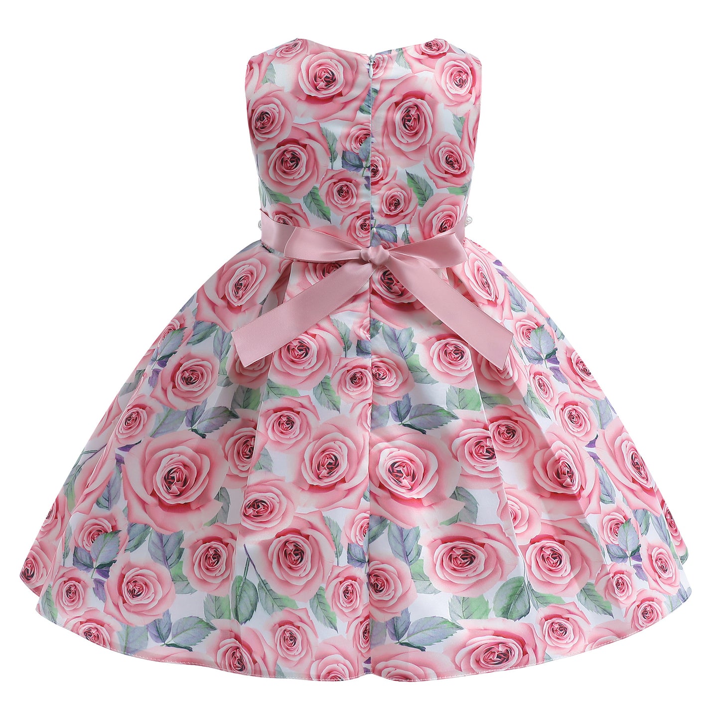 Princess Dress For Girls Rose Print Sleeveless Pearl Summer Performance Dress One Piece Party Dress Pink ZT-8566