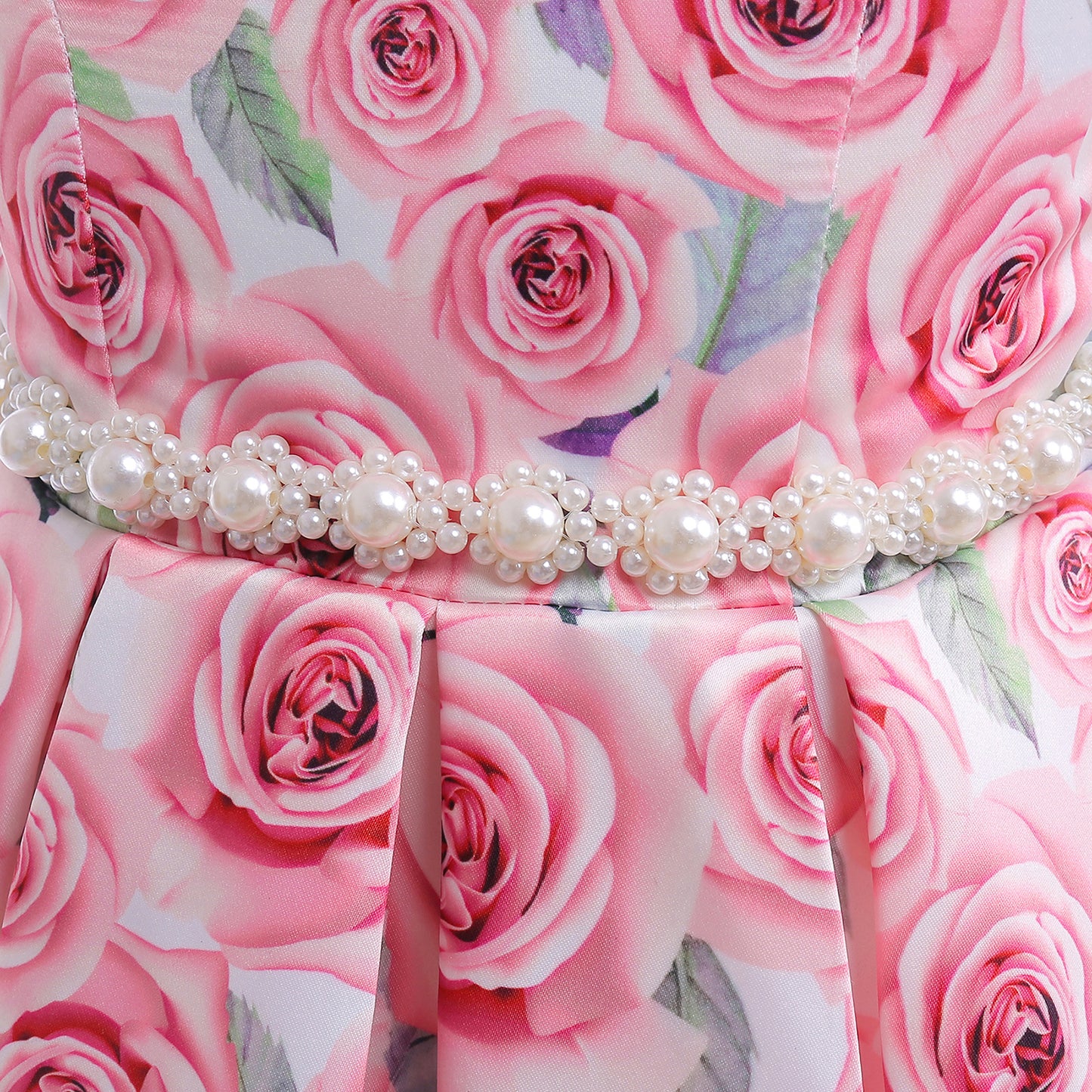 Princess Dress For Girls Rose Print Sleeveless Pearl Summer Performance Dress One Piece Party Dress Pink ZT-8566