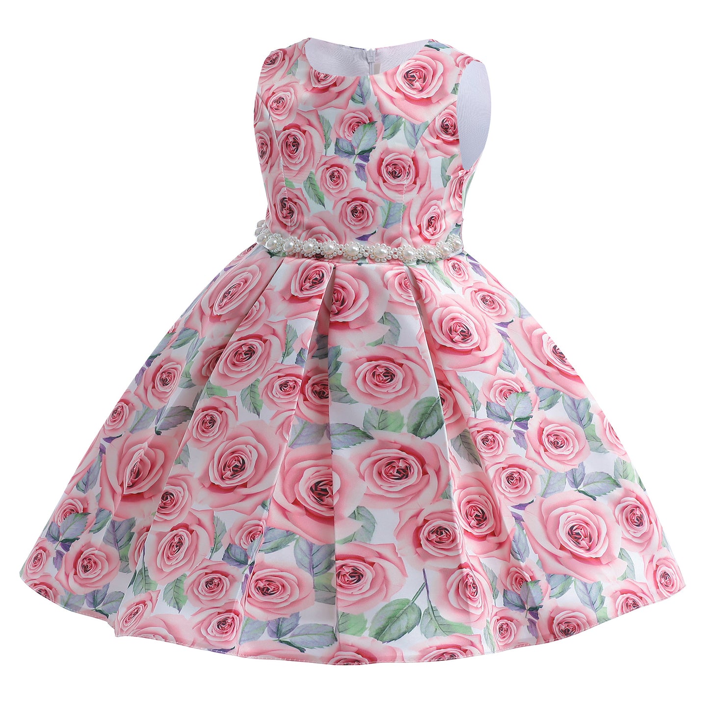 Princess Dress For Girls Rose Print Sleeveless Pearl Summer Performance Dress One Piece Party Dress Pink ZT-8566