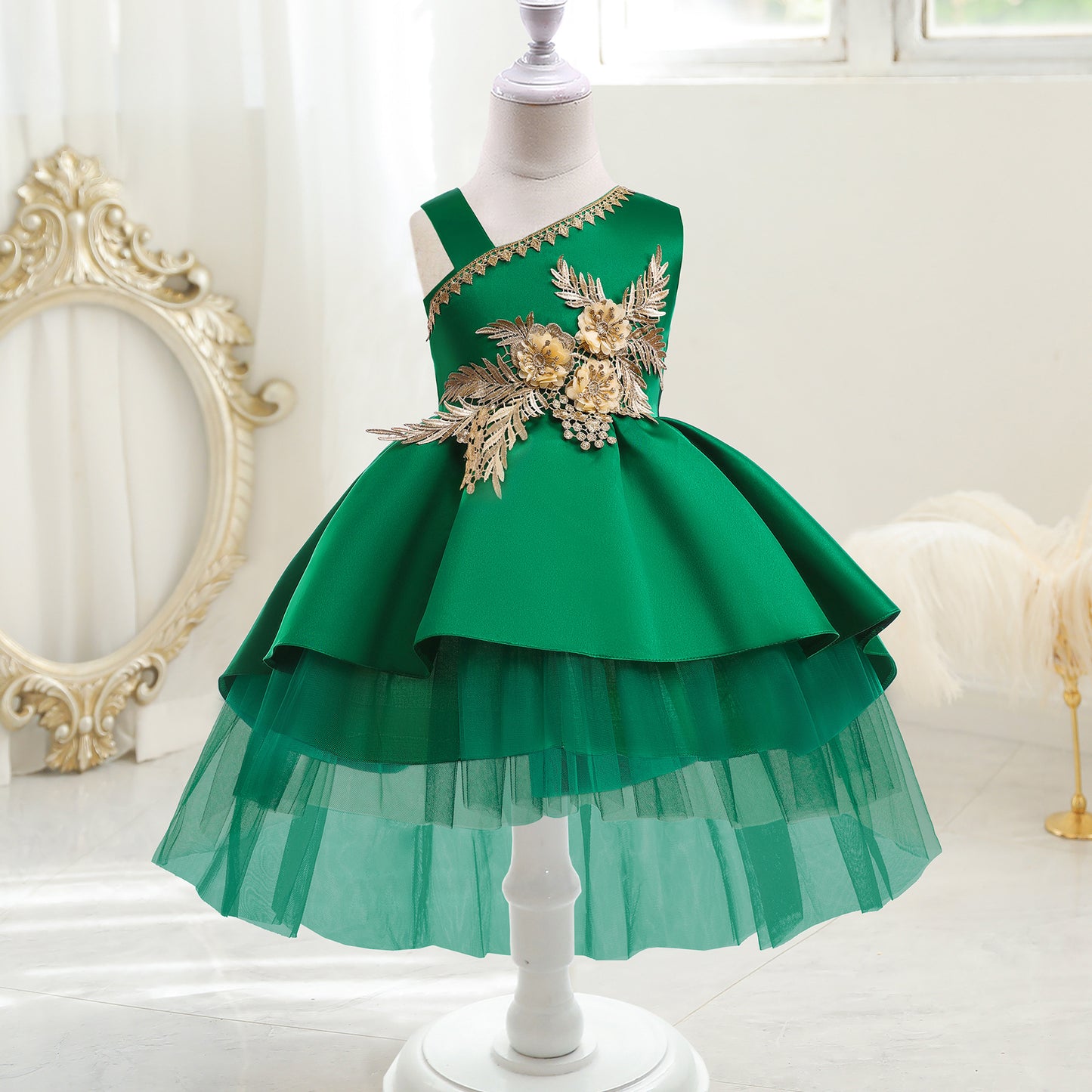 Toddler Baby Girls Princess Dress Embroidery One Shoulder Puffy Dress 1PCS Princess Dress Green 8428
