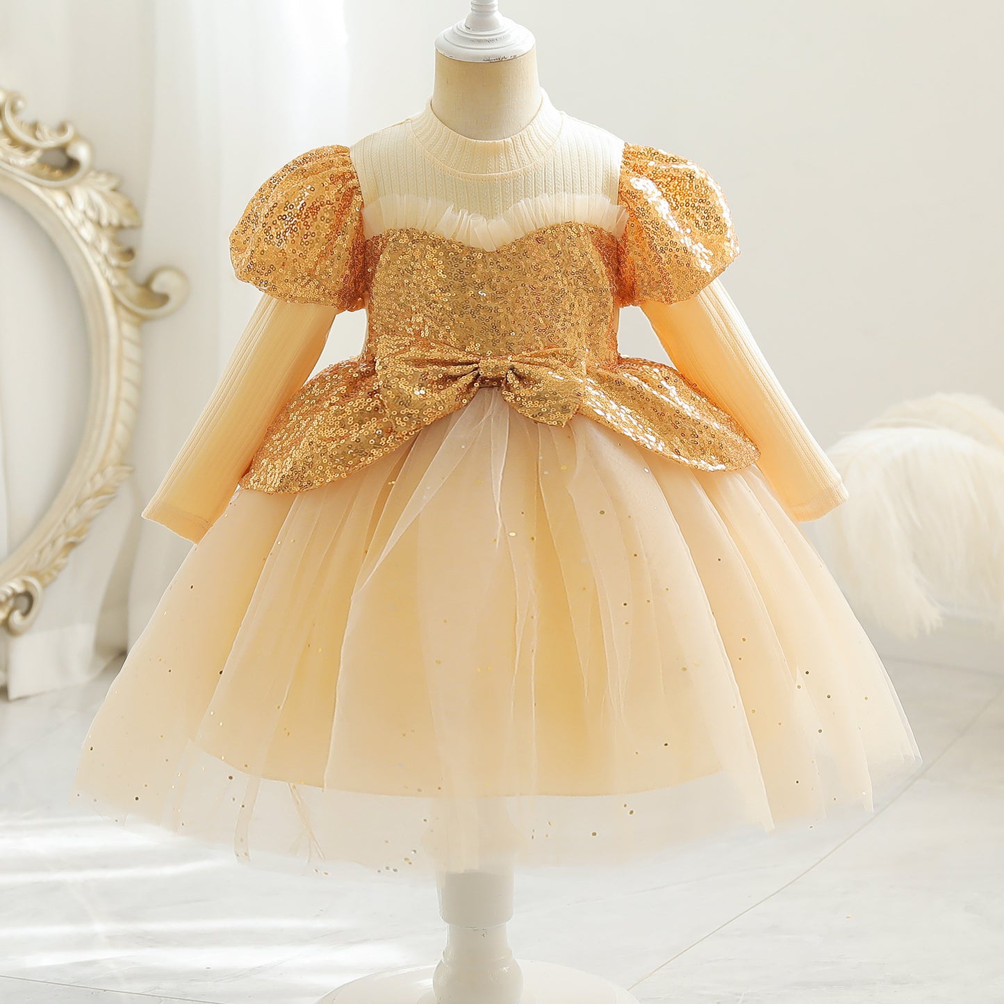 kid fashion Girls Princess Dress Sequins long Sleeve Round Neck Gauze Dress 1PCS Princess Dress Gold C777