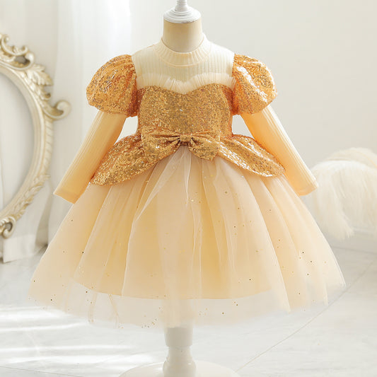 kid fashion Girls Princess Dress Sequins long Sleeve Round Neck Gauze Dress 1PCS Princess Dress Gold C777