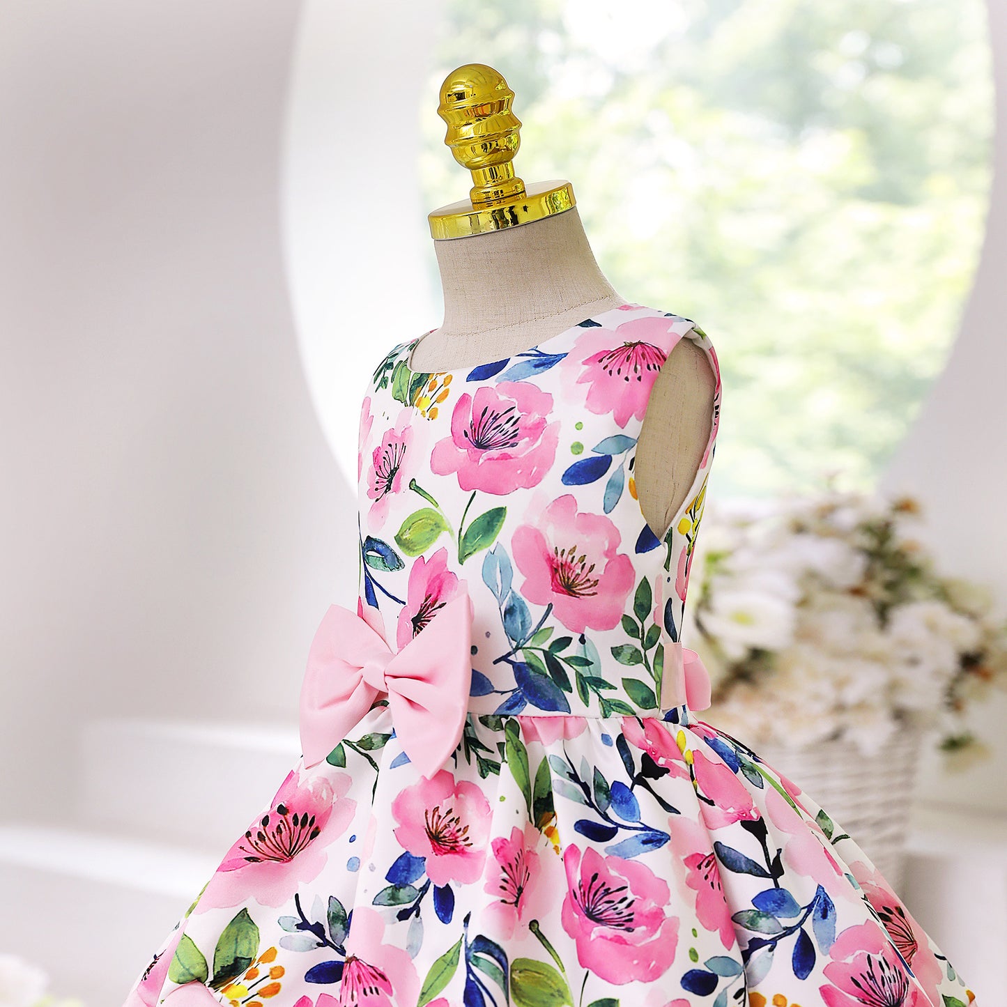 KID FASHION Baby Girls Princess Dress Floral Bow Sleeveless Party One Piece Performance Dress 8042