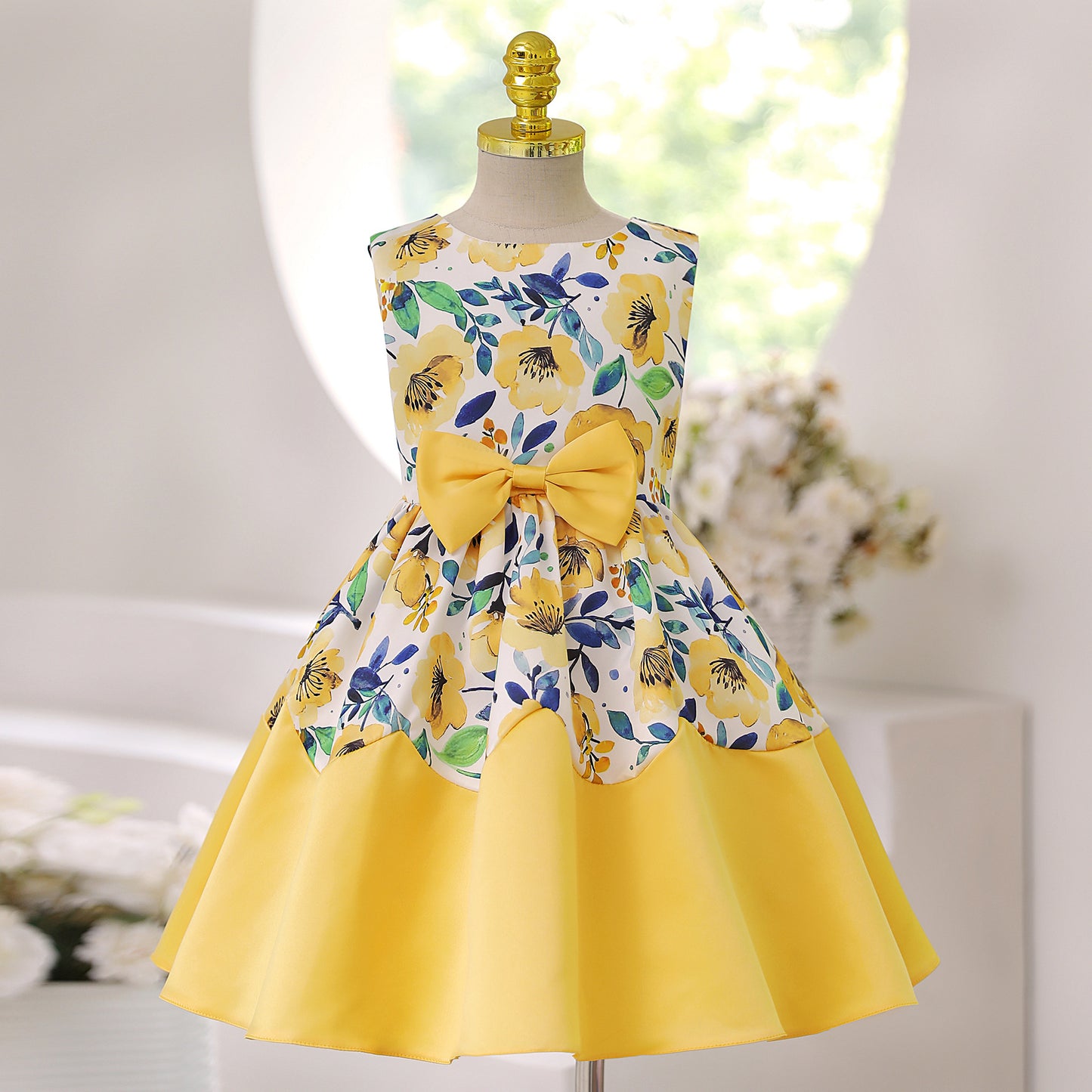 KID FASHION Baby Girls Princess Dress Floral Bow Sleeveless Party One Piece Performance Dress 8042