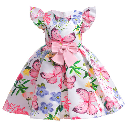 Princess Dress For Girls Butterfly Floral Bow Ruffle Sleeve Dress One Piece Party Dress Pink ZT-8562