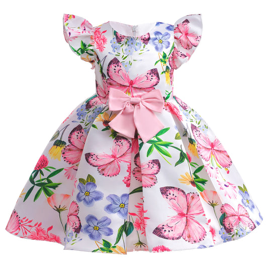 Princess Dress For Girls Butterfly Floral Bow Ruffle Sleeve Dress One Piece Party Dress Pink ZT-8562