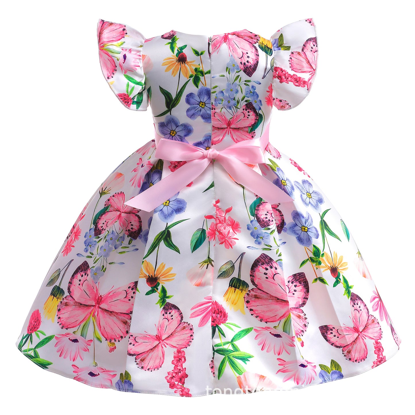 Princess Dress For Girls Butterfly Floral Bow Ruffle Sleeve Dress One Piece Party Dress Pink ZT-8562