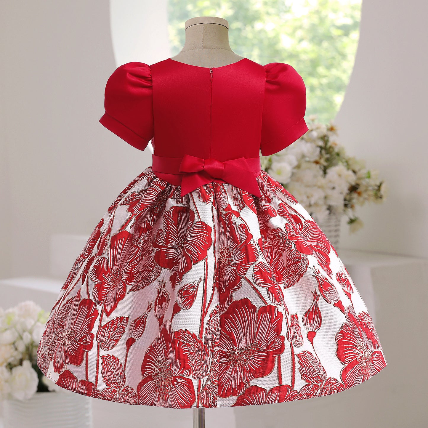 Kids Fashion Girls Princess Dress Embroidery Bubble Sleeve Party One Piece Performacnce Dress Red 2800