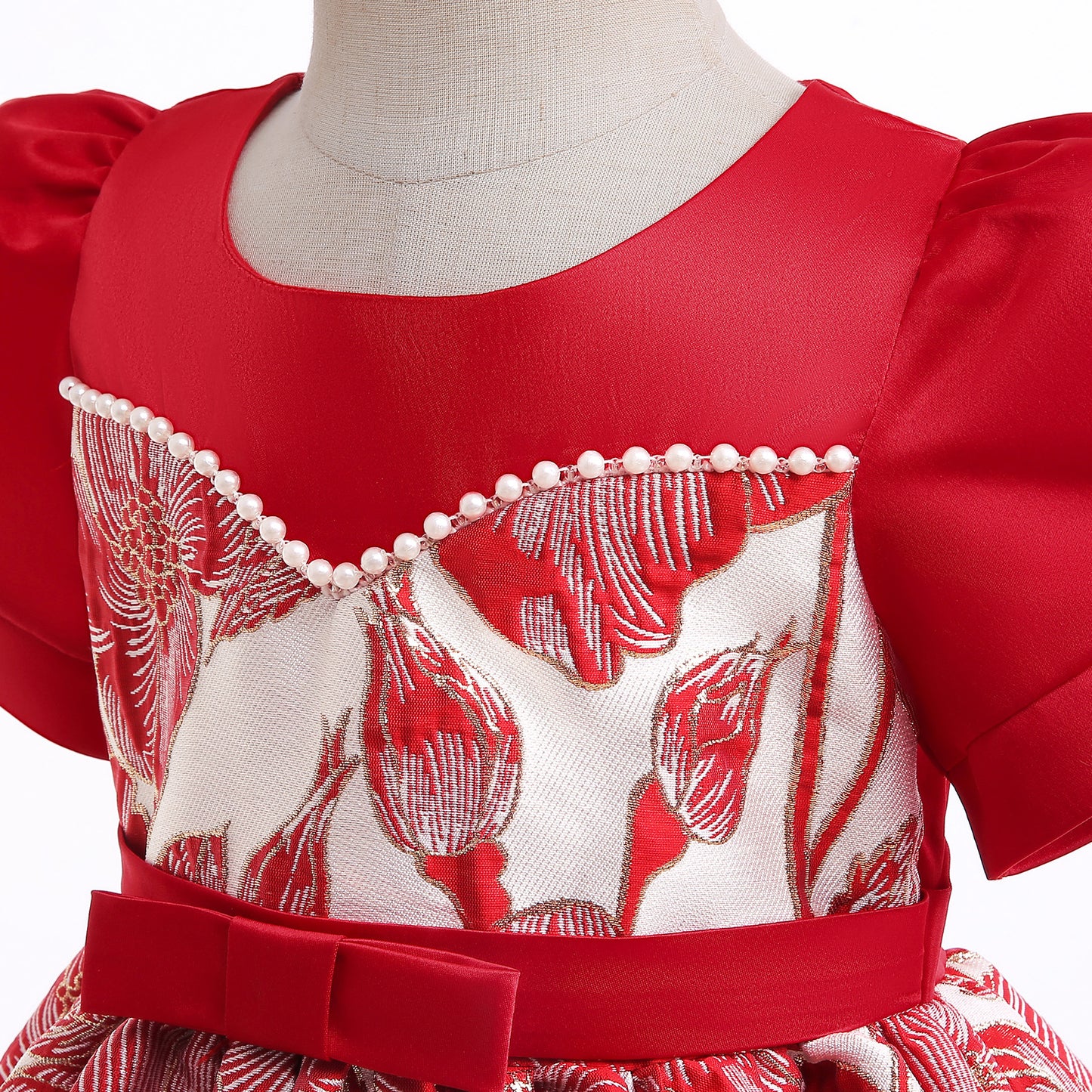 Kids Fashion Girls Princess Dress Embroidery Bubble Sleeve Party One Piece Performacnce Dress Red 2800