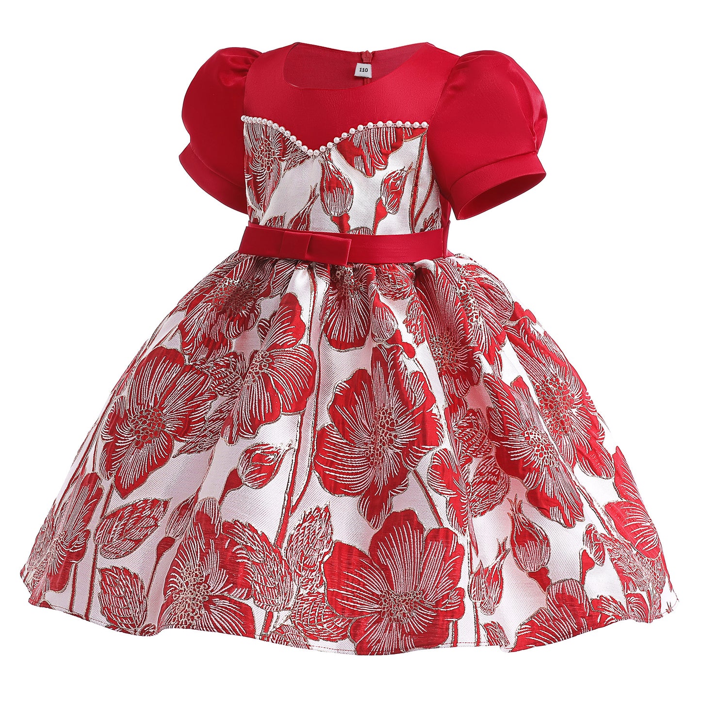 Kids Fashion Girls Princess Dress Embroidery Bubble Sleeve Party One Piece Performacnce Dress Red 2800