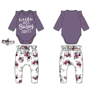 Baby Girls Outfits Purple Color Romper Top Rose Print Pants Headband 3Pcs Winter Clothes Set DU32108023