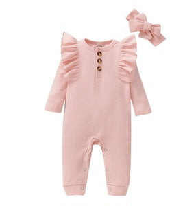 Baby Girls Romper Jumpsuit Onesies Bodysuit Solid Color Long Sleeve Round Neck Romper Pink MO197710-1