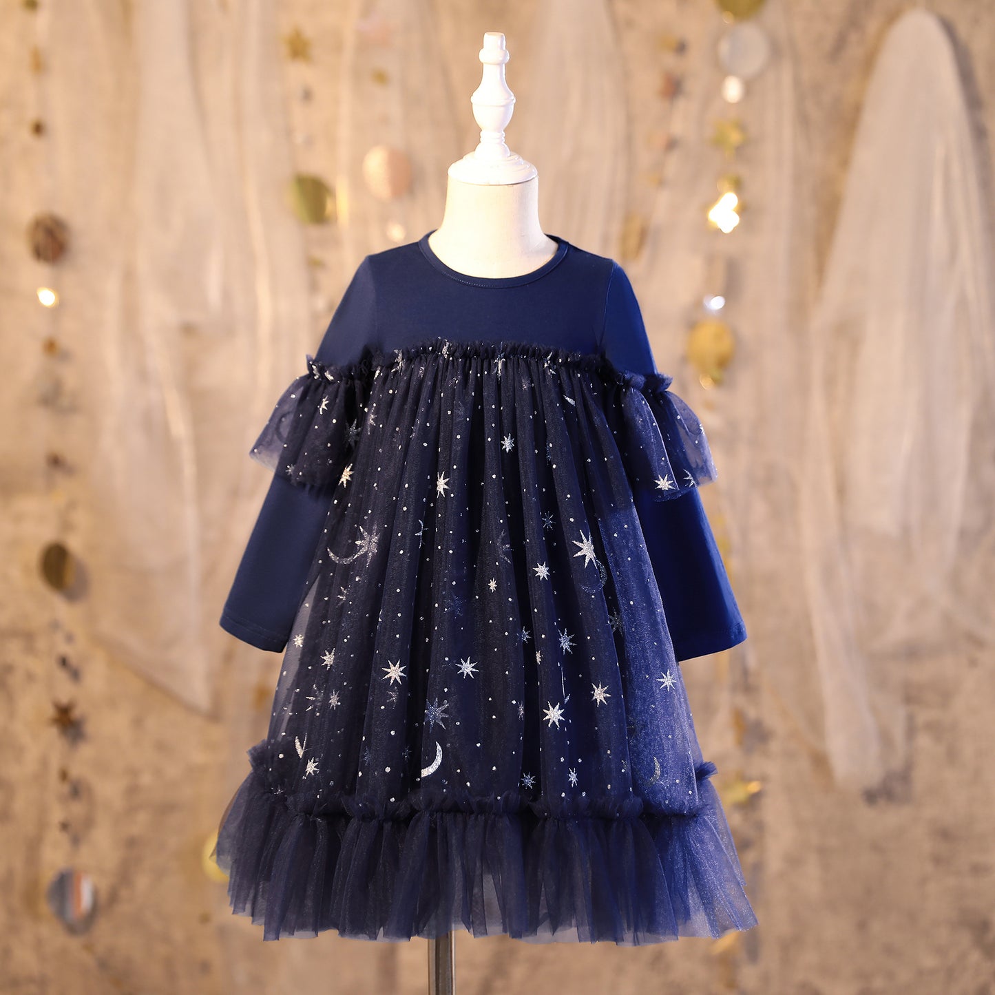 Kids Fashion Princess Dress Girls Star Sequins Long Sleeve Winter Gauze Performance Dress One Piece Party Dress C875