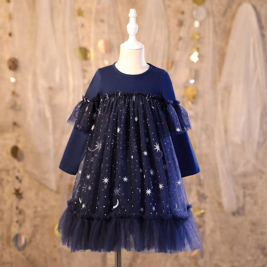 Kids Fashion Princess Dress Girls Star Sequins Long Sleeve Winter Gauze Performance Dress One Piece Party Dress C875