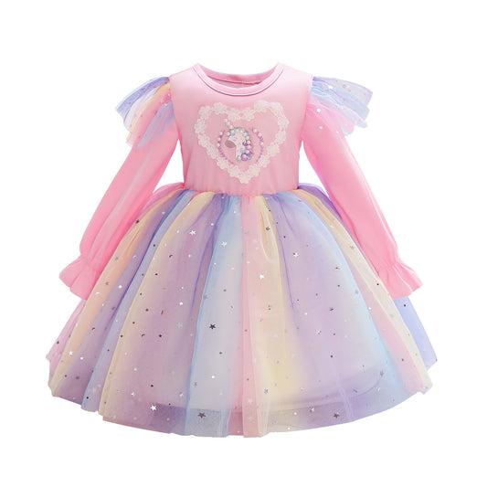 KIDS FASHION Girls Princess Dress Unicorn Print Gauze Dress 1PCS Princess Dress ,Pink C863