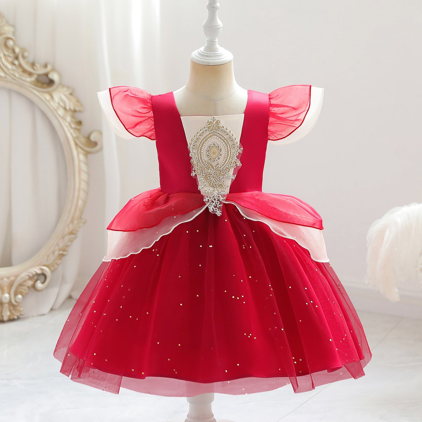 Princess Dress Embroidery Ruffle Sleeve Gauze Dress 1PCS Princess Dress Red 8432