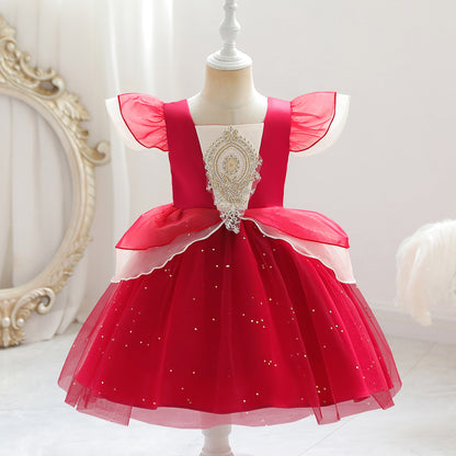 Princess Dress Embroidery Ruffle Sleeve Gauze Dress 1PCS Princess Dress Red 8432