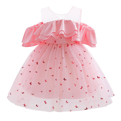 KIDS FASHION Baby Girls Princess Dress Summer Sequin Off The Shoulder Puffy Gauze One Piece Party Dress Pink 8439