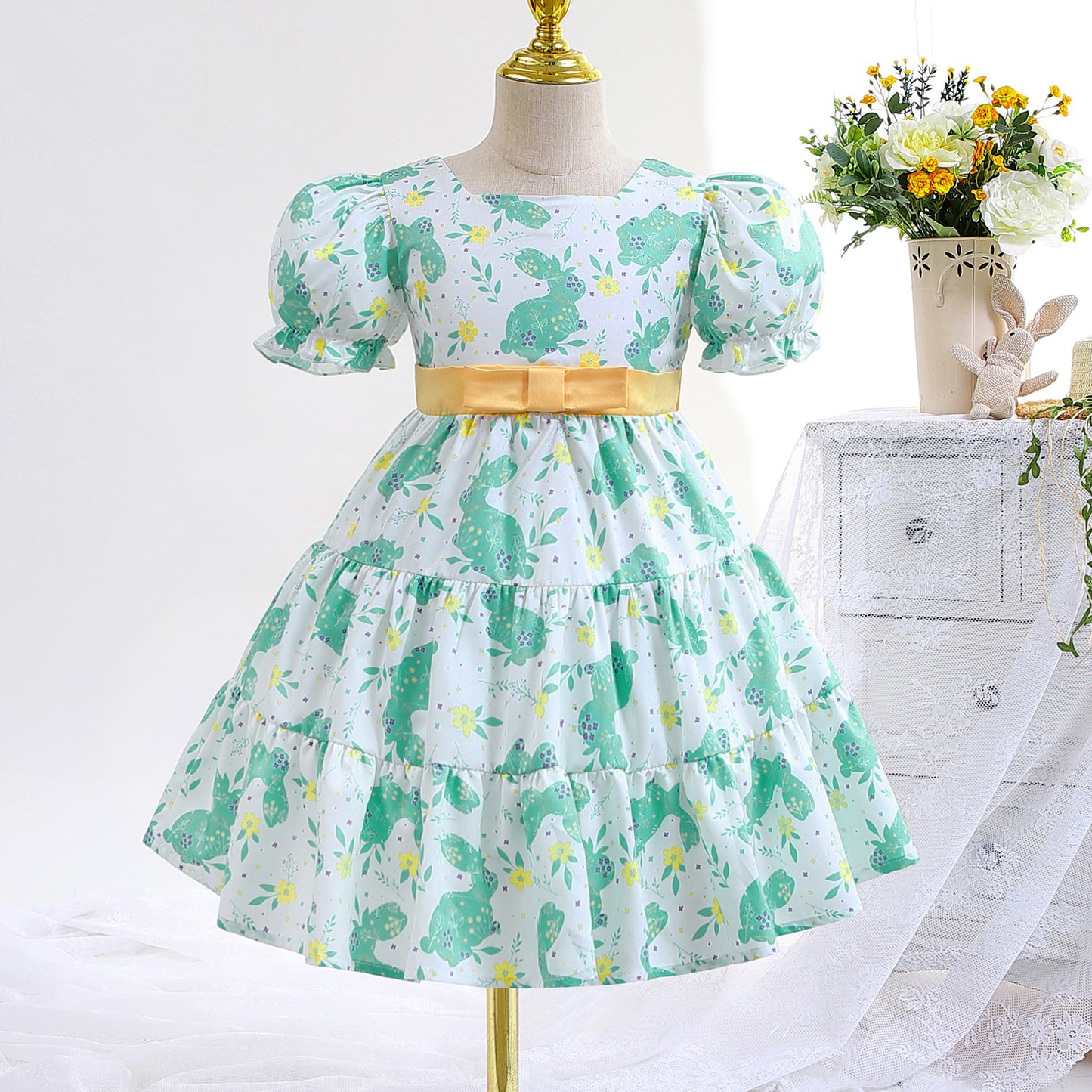 Girls Princess Dress Rabbit Print Floral Print Evening Bubble Sleeve Dress One Piece Party Feast Dress Green ZT-8573