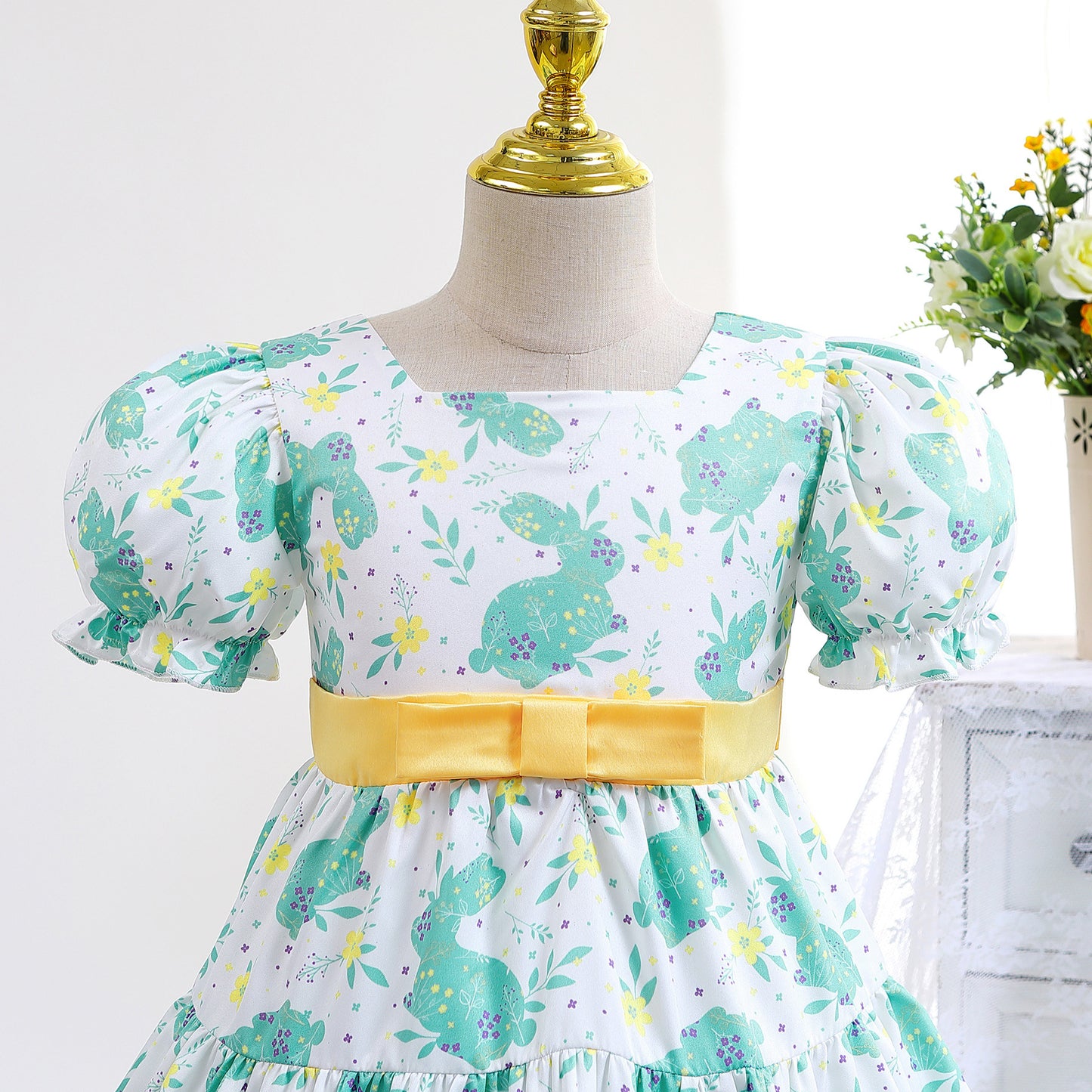 Girls Princess Dress Rabbit Print Floral Print Evening Bubble Sleeve Dress One Piece Party Feast Dress Green ZT-8573