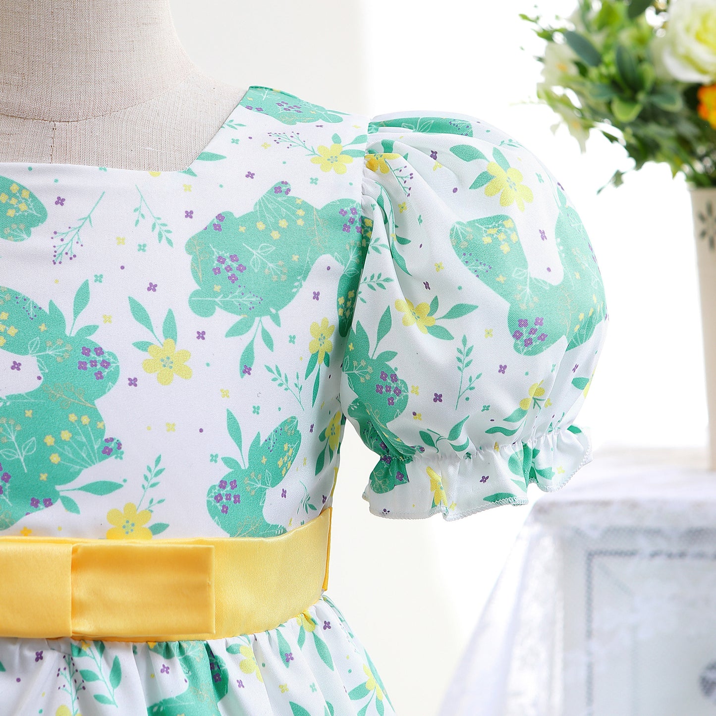 Girls Princess Dress Rabbit Print Floral Print Evening Bubble Sleeve Dress One Piece Party Feast Dress Green ZT-8573