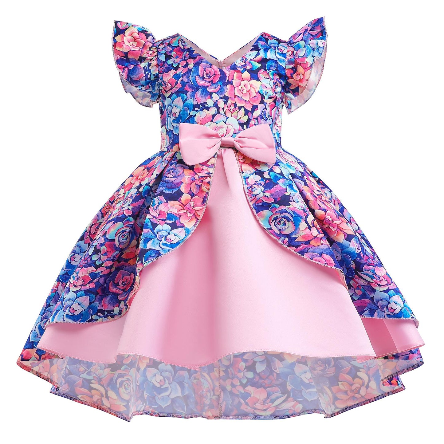Girls Dress Pink Floral Print Children's Clothing Children's Dress Flying Sleeve Children's Princess Dress 8310