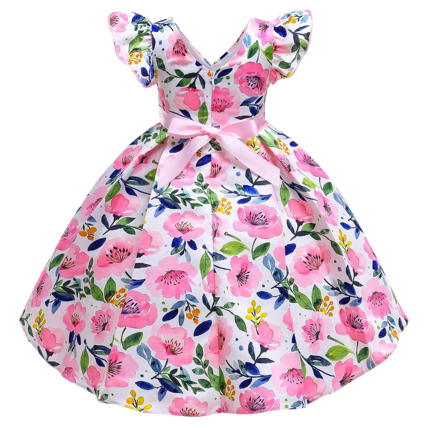 Girls Dress Pink Floral Print Children's Clothing Children's Dress Flying Sleeve Children's Princess Dress 8310