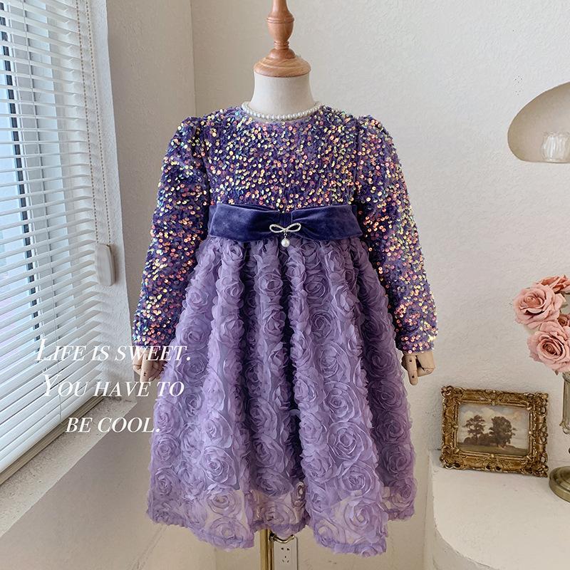 Baby Girls princess Dress Fashionable Dress Little Girl Sequin Plush Dress Purple 800029