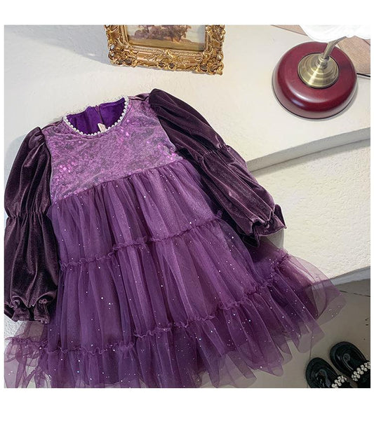 Baby Girls Dress Long Sleeve Princess Gauze One Piece Winter Dress Purple 800030