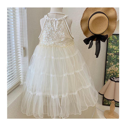 Kids Fashion Girls' Dress Summer Sleeveless Strap Dress Princess Dress White 22X074