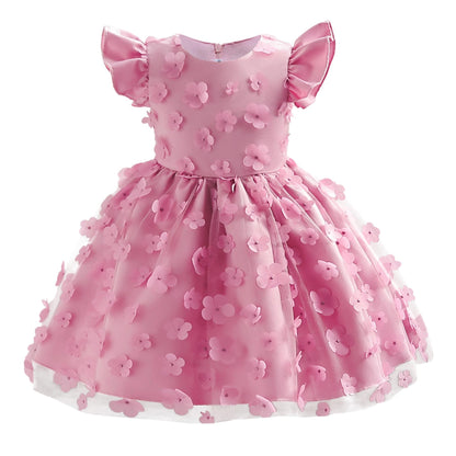 Baby Girls Princess Dress Embroidered Ruffle Sleeve Gazue Party One Piece Performance Dress Pink 2916