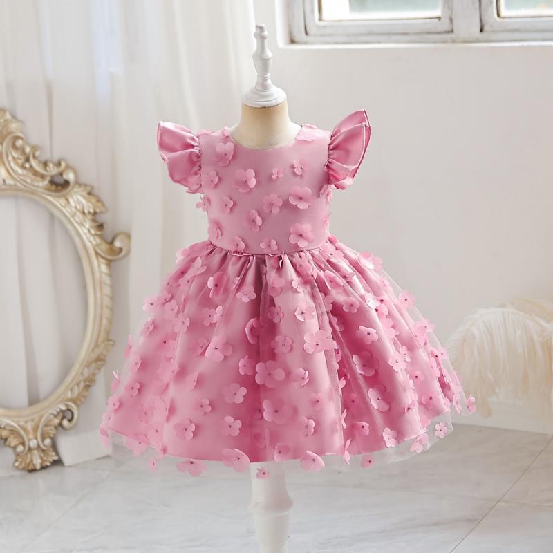 Baby Girls Princess Dress Embroidered Ruffle Sleeve Gazue Party One Piece Performance Dress Pink 2916