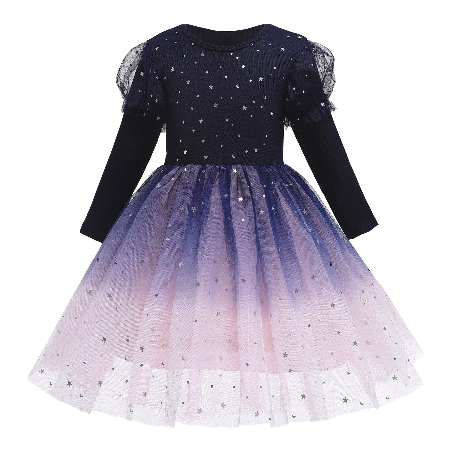 Little Girls Princess Dress Star Print Sequins Gauze Baby Girls Puffy Dress 1PCS Princess Dress Blue C861