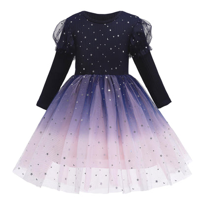 Little Girls Princess Dress Star Print Sequins Gauze Baby Girls Puffy Dress 1PCS Princess Dress Blue C861